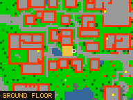 Map of Straycat's Corner 6 in Liberty Bay: the house is highlighted in gold, the red mark is the entrance.