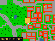 Map of Rum Alley 1 in Liberty Bay: the house is highlighted in gold, the red mark is the entrance.