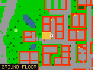 Map of Harvester's Haven, Flat 01 in Liberty Bay: the house is highlighted in gold, the red mark is the entrance.