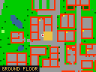 Map of Harvester's Haven, Flat 02 in Liberty Bay: the house is highlighted in gold, the red mark is the entrance.