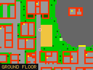 Map of Marble Lane 3 in Liberty Bay: the house is highlighted in gold, the red mark is the entrance.