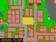 Map of Marble Lane 4 in Liberty Bay: the house is highlighted in gold, the red mark is the entrance.