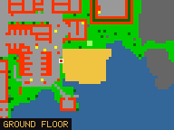 Map of Ivory Mansion in Liberty Bay: the house is highlighted in gold, the red mark is the entrance.