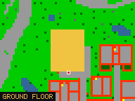 Map of Ivy Cottage in Liberty Bay: the house is highlighted in gold, the red mark is the entrance.