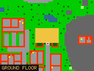 Map of Marble Lane 1 in Liberty Bay: the house is highlighted in gold, the red mark is the entrance.