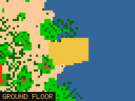 Map of Meriana Beach in Liberty Bay: the house is highlighted in gold, the red mark is the entrance.
