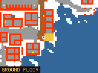 Map of Pilchard Bin 1 in Svargrond: the house is highlighted in gold, the red mark is the entrance.