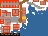 Map of Pilchard Bin 2 in Svargrond: the house is highlighted in gold, the red mark is the entrance.