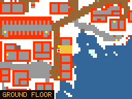 Map of Pilchard Bin 4 in Svargrond: the house is highlighted in gold, the red mark is the entrance.