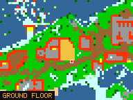 Map of Centre 1 in Silvertides: the house is highlighted in gold, the red mark is the entrance.