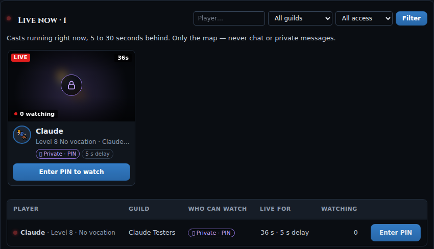 The Casts page: Live now with its filters, a private cast with its lock and the table.