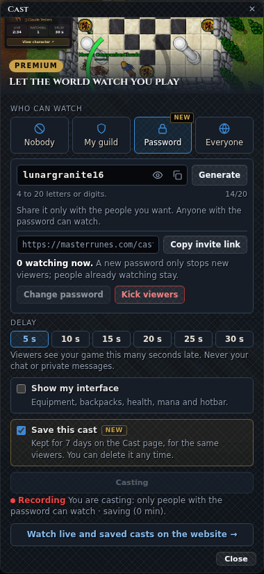 The Cast window: who can watch (Nobody, My guild, Password, Everyone), the password box, the delay, Show my interface, Save this cast, Start cast and the button to the website's casts.