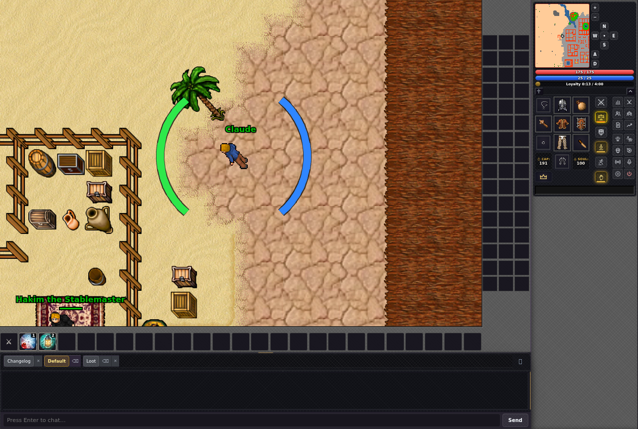 La pantalla de juego: mapa, barra rápida, chat y panel lateral.