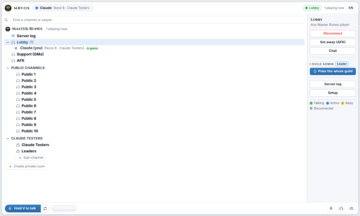MRVOX: the channel tree, your status and the talk bar.