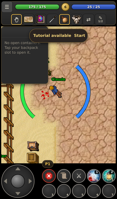 The game on a phone: top bar, map, joystick and round hotbar.