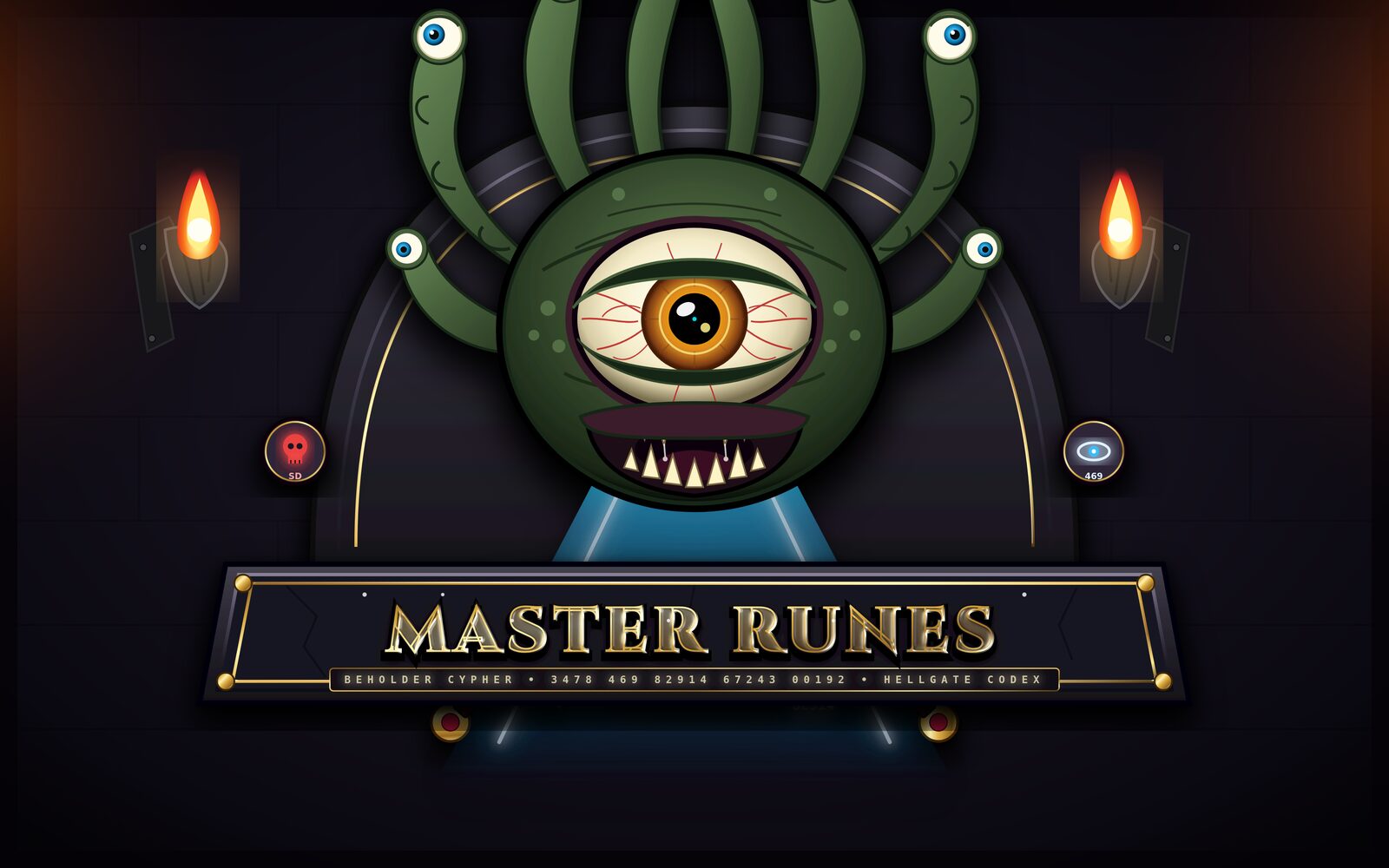 Master Runes crest: the beholder above the golden plaque